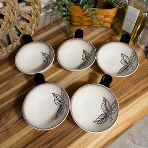 Seyei‎ Japan Ceramic Small Bowls Set of 5 Black Handle Leaf Motif Vintage MCM
